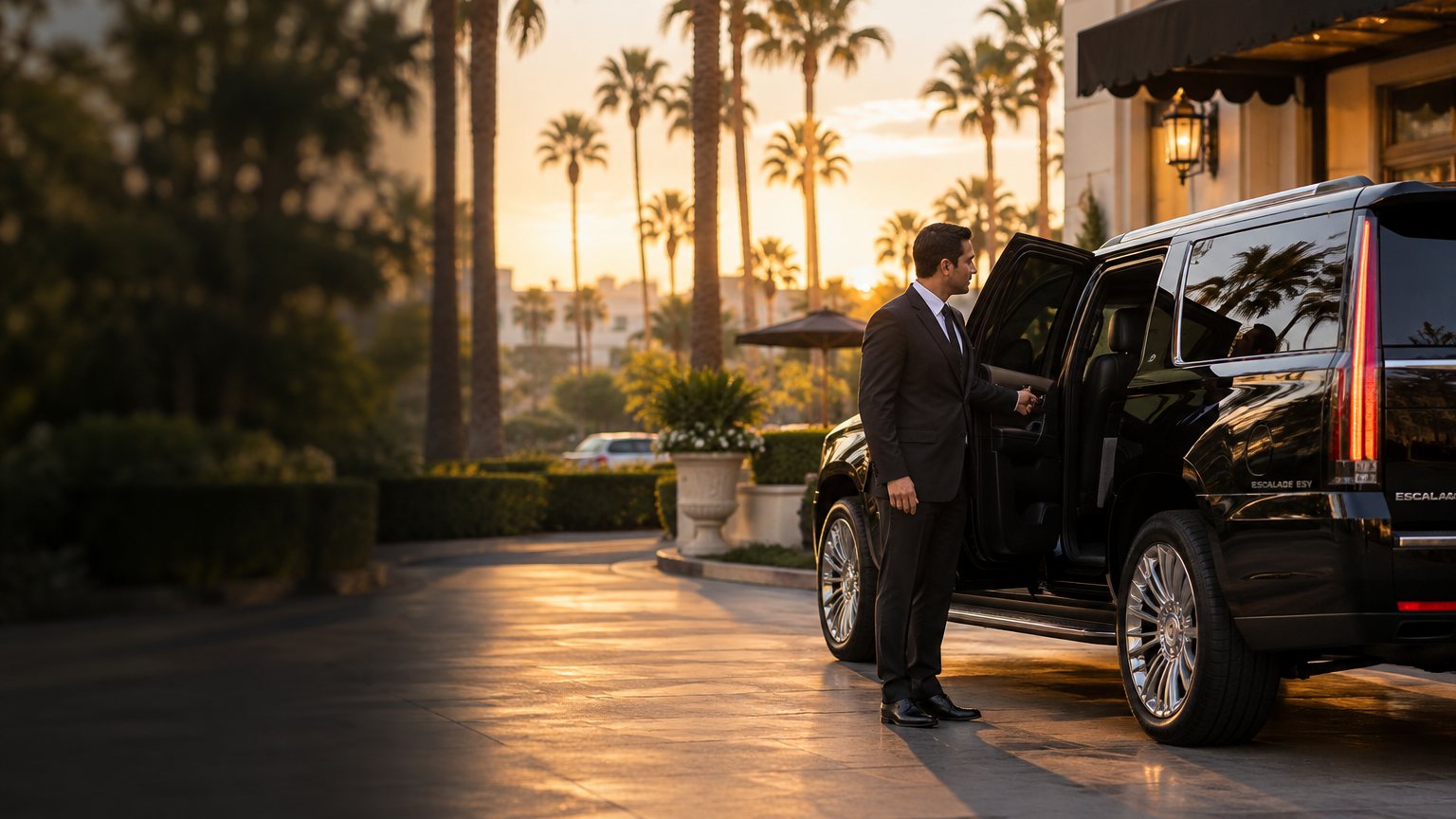 Pamir Elite chauffeur opening the door of a black Cadillac Escalade at a Beverly Hills hotel