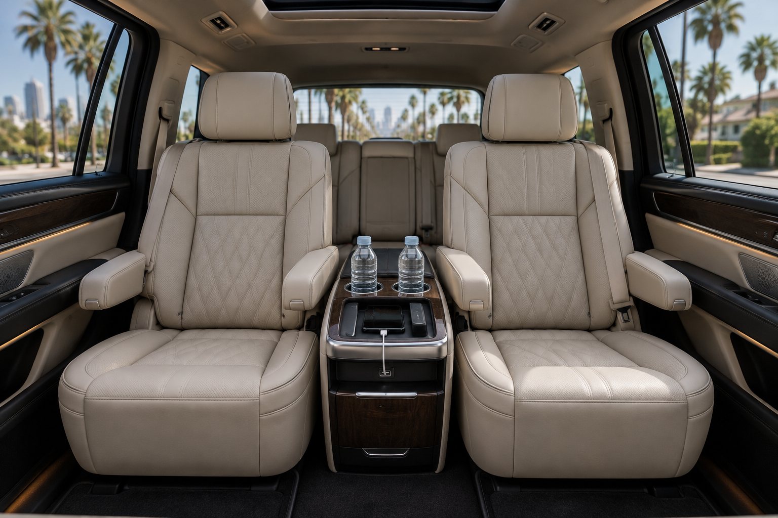 Rear cabin with leather captain's chairs and chilled water